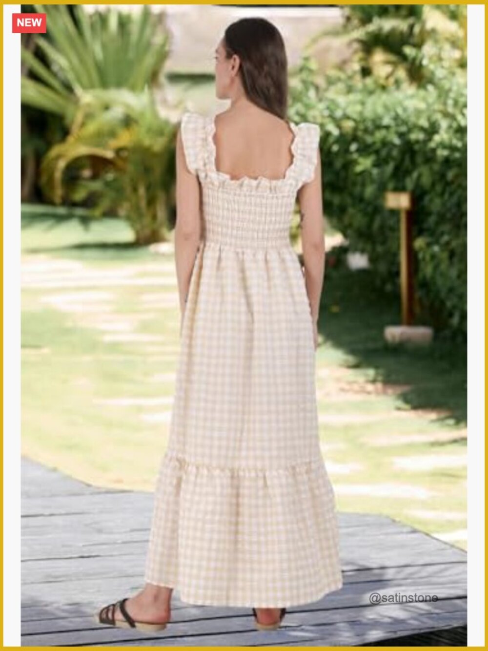 Retro Plaid Smocked Dress with Pockets, Spaghetti Strap Flounce Midi Dress - Picture 5 of 7